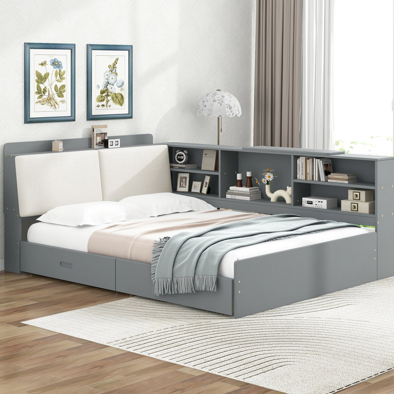 Lit plateforme double en bois gris avec tête de lit, étagères intégrées, 2 tiroirs et système de lattes Safe Comfort Design
