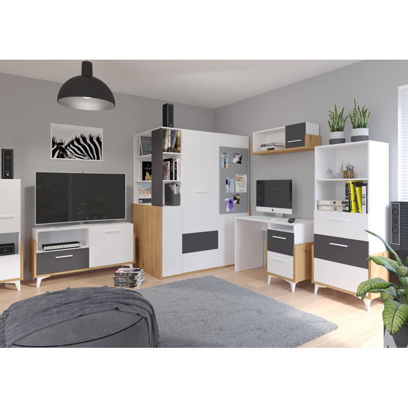 Mazzeo Configurable Writing Desk Office Set with Bookcase, 76cm H x 105cm W x 57cm D, Graphite, Right