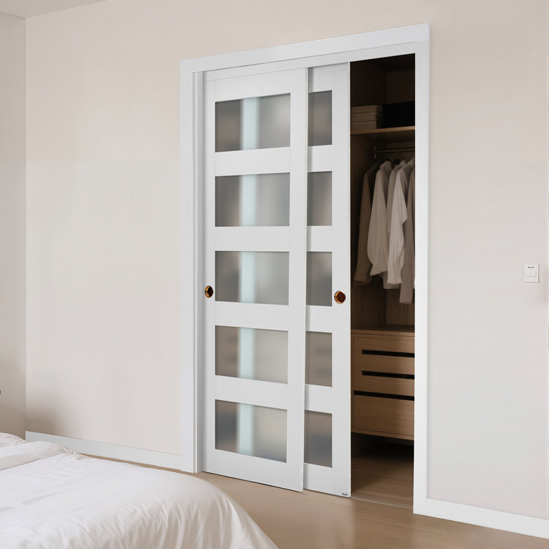Sliding Closet Door 48"(Double 25") x 80" 5-Lite Frosted Glass Bypass Door, 121.9cm x 203.2cm