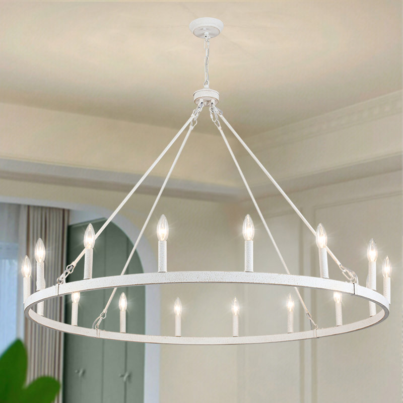 Moomal Candle Style Dimmable Wagon Wheel Chandelier, 16, Black/Distressed White