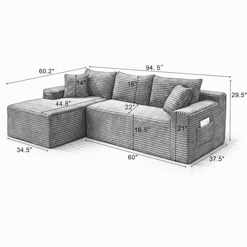 Canapé d'angle modulaire Cloud de 94,5 pouces (240 cm) au design minimaliste moderne, avec méridienne en L et assise profonde, idéal pour le salon et la chambre à coucher. Aucun assemblage requis.