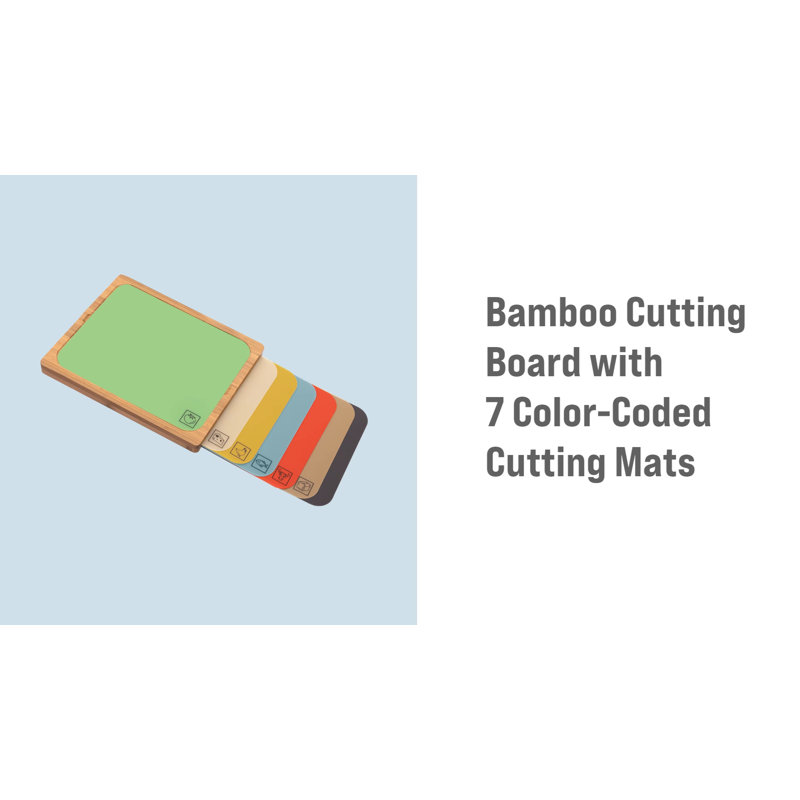 Bamboo Cutting Board with Color-Coded Flexible Mats Set