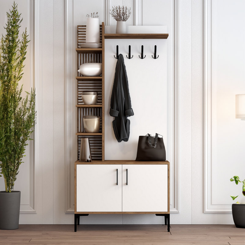Arbre d'entrée de 35,4 po de largeur avec rangement pour chaussures, Noyer blanc