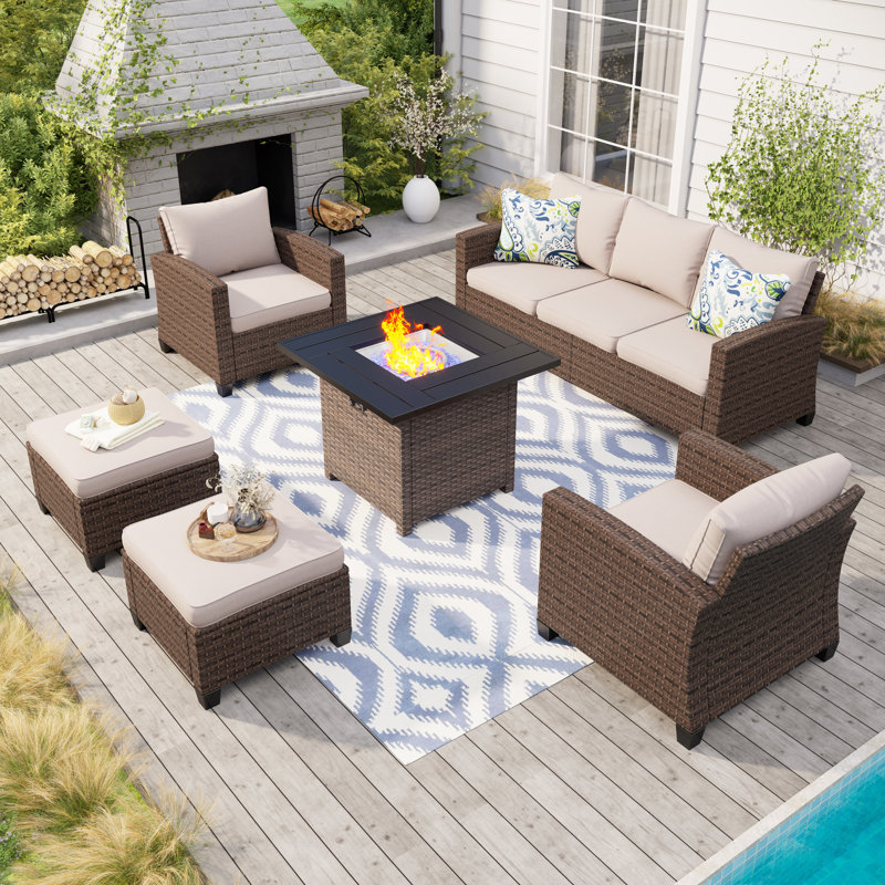 Argyri 6 Piece Rattan Outdoor Wicker Patio Conversation Furniture Set with Fire Pit Table, Beige