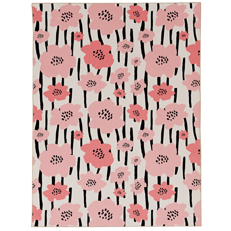 Berinthia Machine Washable Ivory and Pink Area Rug, Rectangle 3' x 5'