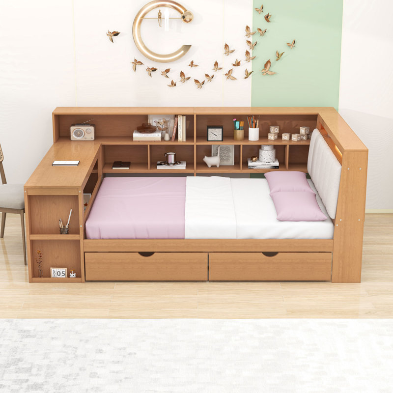 Lit de jour multifonctionnel avec bureau intégré, lumière RVB, tête de lit tapissier et tiroirs de rangement, Lit double
