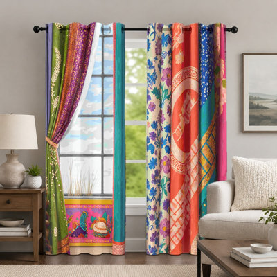 2 pièces de rideaux colorés de style bohémien, rideau à motif géométrique floral éclatant, rideaux à oeillets à motif de patchwork artistique, habillage de fenêtre pour le décor de la chambre à coucher