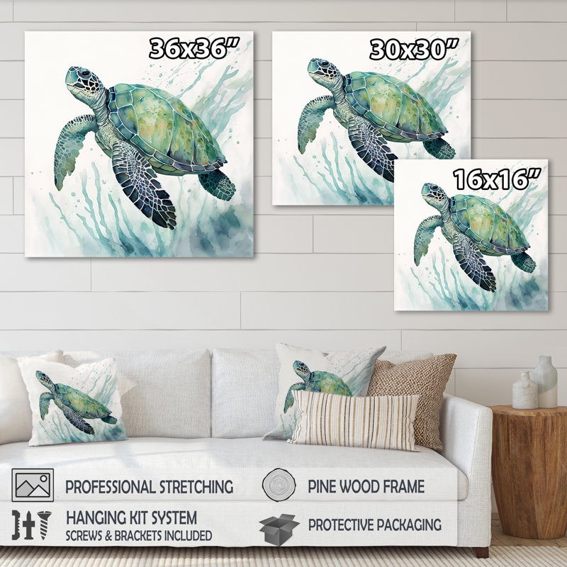Aquarelle de tortue nageant IV - tortue, art mural, H 16 po x l 16 po x P 1 po, Toile tendue