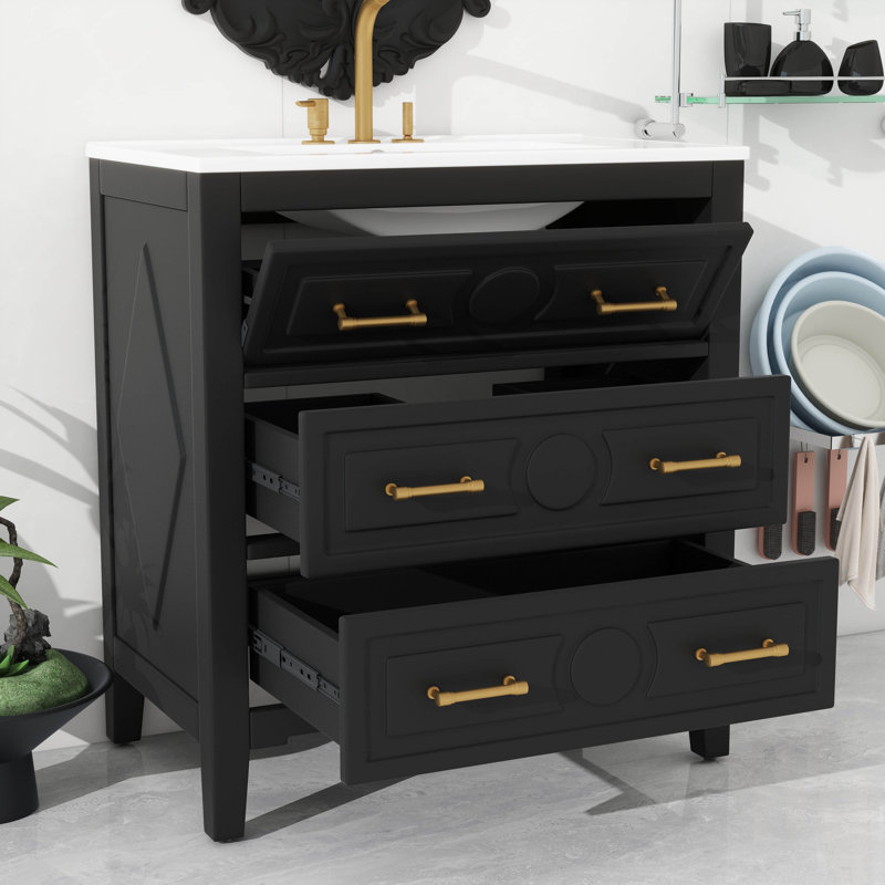 Armoire de rangement de salle de bain 30 po avec cadre en bois durable et 3 tiroirs, Noir, Doré