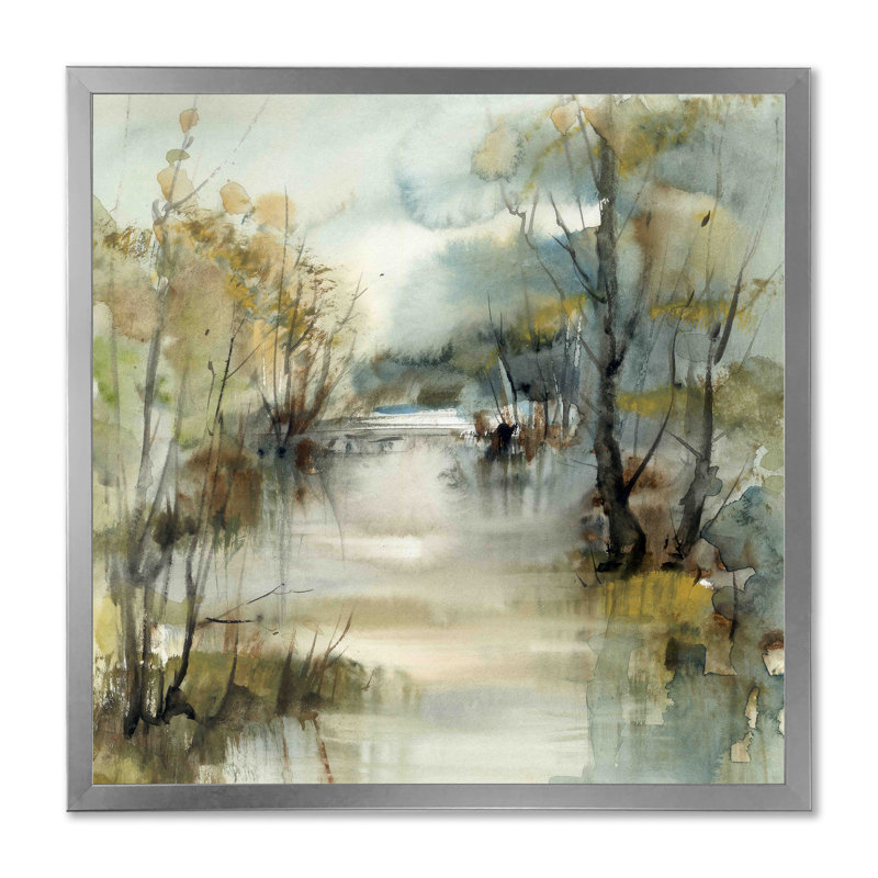 Winter River Landscape Illustration - Paysages, art mural, H 36 po x l 36 po, Impression encadrée, Silver