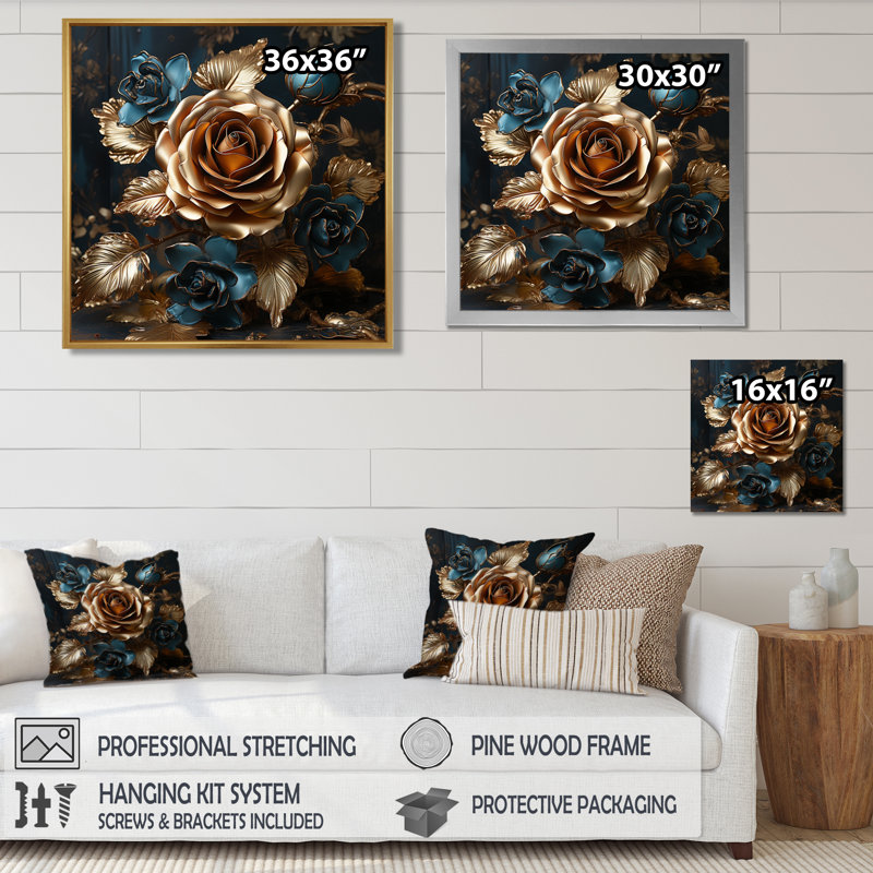 «Golden Rose», impression d'art mural «Roses», Toile avec cadre flottant noir, H 16 po x l 16 po x P 1 po