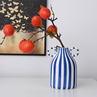 Vase rayé en céramique avec poignée, décor minimaliste moderne de style bord de mer pour centres de table, bureau de cuisine, bibliothèque, décor de chambre à coucher