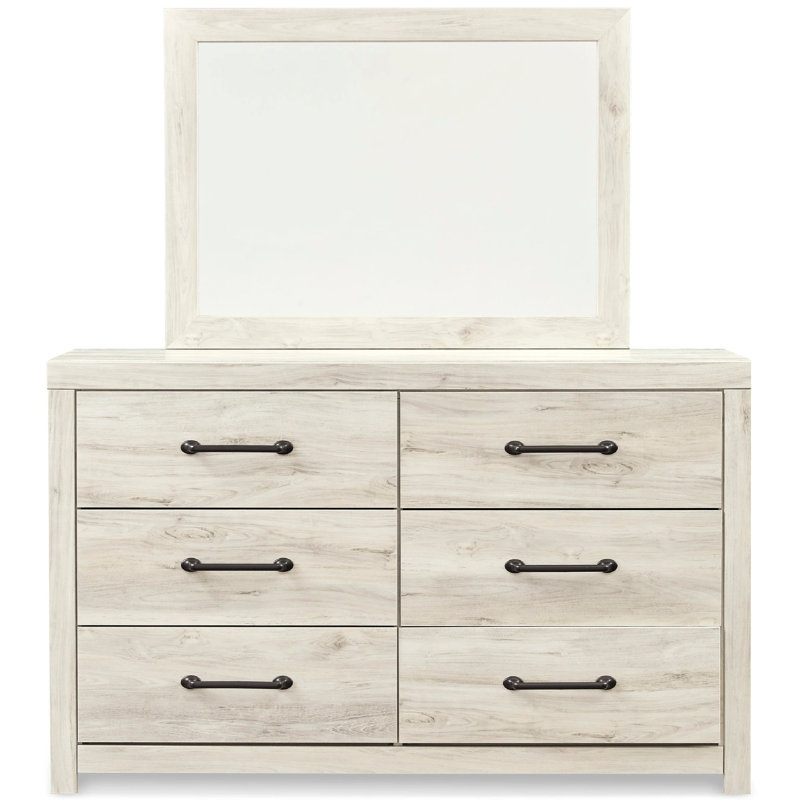Cemy 2Pc Dresser And Mirror Set, 6 Drawers W Black Handles, Whitewash