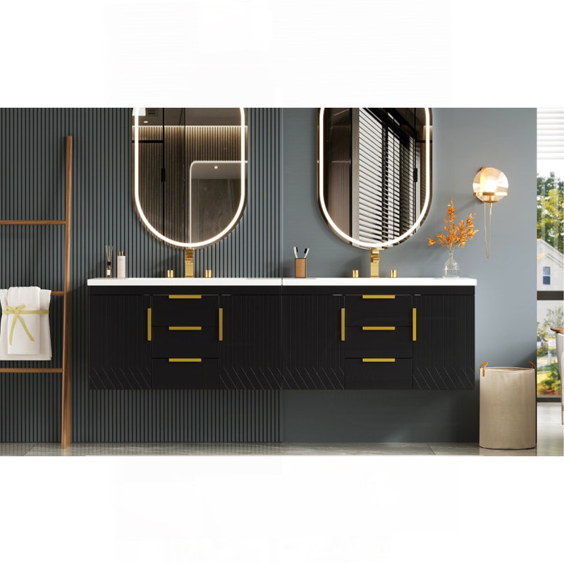 Meuble-lavabo mural 72 po, armoire de rangement flottante avec tiroirs, armoire de salle de bain en bois massif 72 po