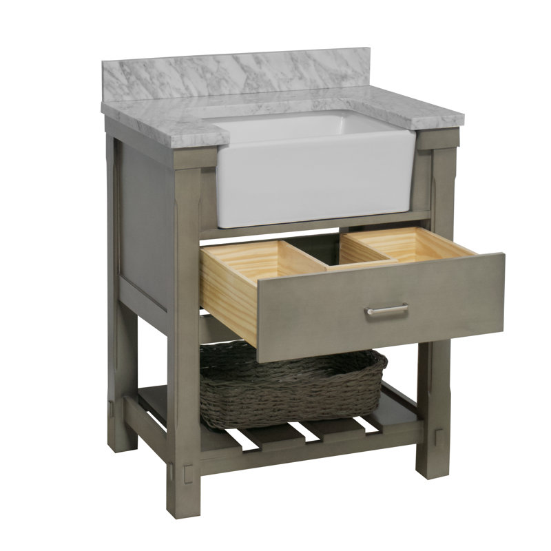 Hitton 30'' Single Bathroom Vanity with Top, Weathered Gray, Carrara Marble