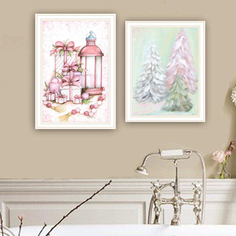Éclairez votre maison avec 2 décorations murales: arbres de Noël roses, cadre blanc, bois et papier de qualité, décor élégant pour le salon