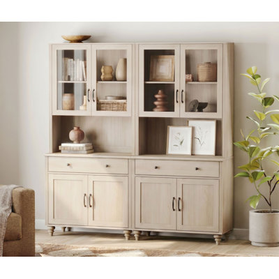 Corretta 72"H X 68"W Bookcase With Doors & Drawers, Large Farmhouse Bookcase With Bar Hutch For Living Room Bedroom Home Office Kitchen, Beige