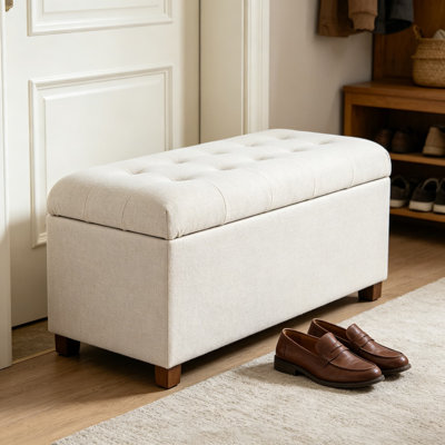 Grand banc de rangement capitonné avec couvercle à charnière, repose-pieds rembourré crème pour le salon ou la chambre à coucher, 46 pouces de large, capacité de 250 lb