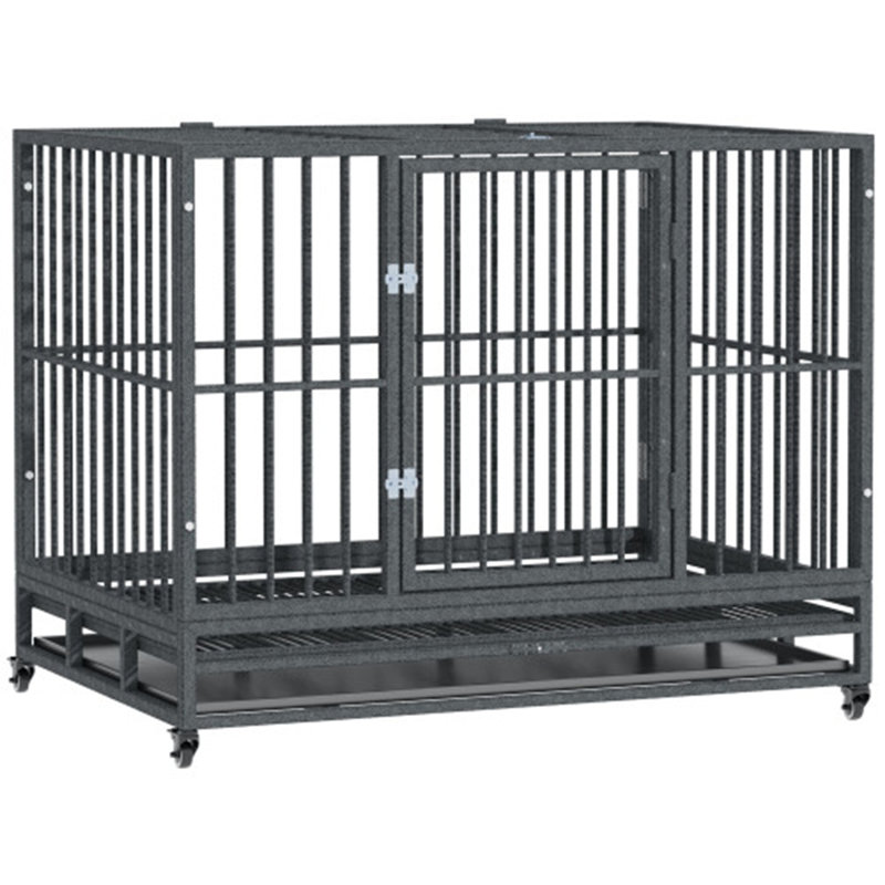 Gray Medium Rolling Steel Dog Crate with Wheels