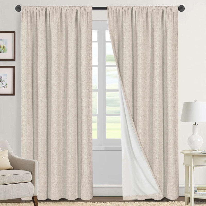 Linen Look 100% Blackout Curtains for Bedroom Full Light Blocking Rod Pocket 42 Inches Wide Linen Textured Thick Window Curtain Drapes with Backing