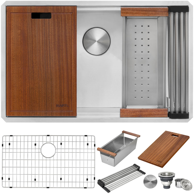30" L x 19" W Undermount Kitchen Sink with Accessories, 19" L x 30" W