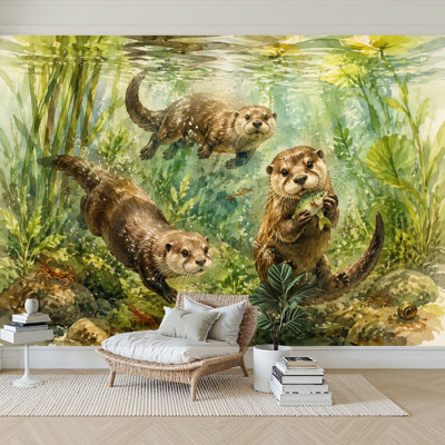 Wall Mural Peel and Stick Wallpaper Playful Otters Swimming Among Green Aquatic Plants Self-Adhesive Removable Contact Paper Wall Decor for Living Room Bedroom 100"H x 144"W