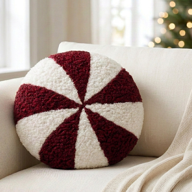 Coussin décoratif 22 po rond rouge menthe poivrée