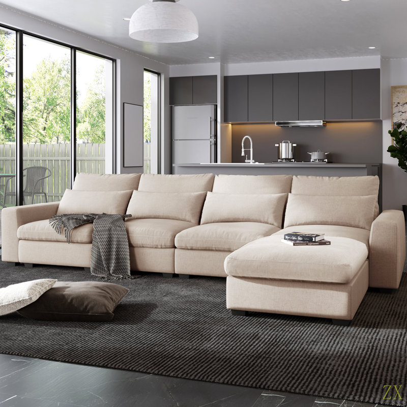 Grand canapé modulaire rembourré de plumes en L moderne, canapé convertible avec méridienne réversible pour le salon