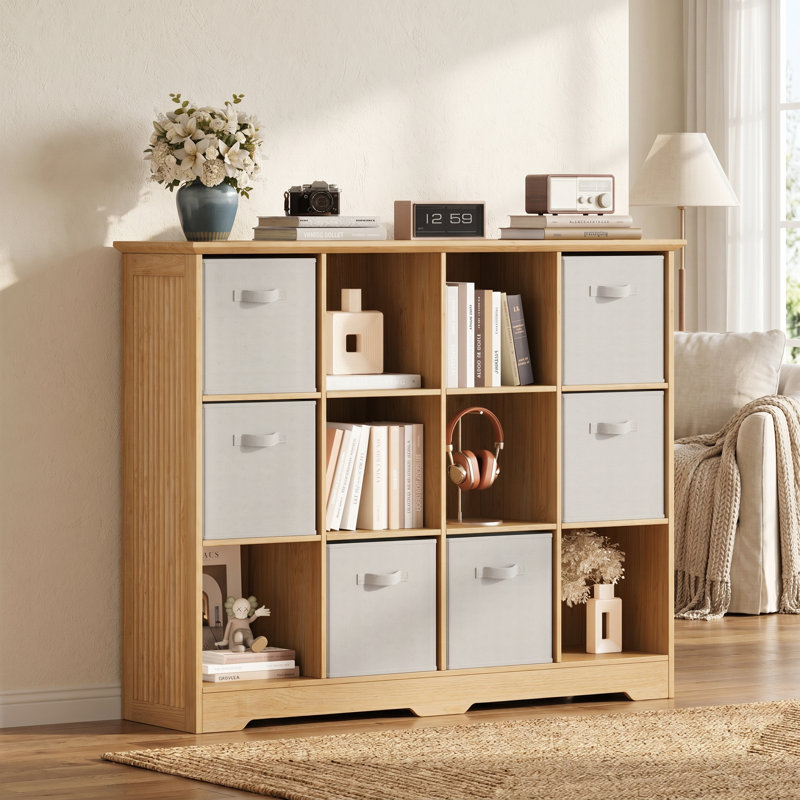 Bibliothèque à 12 cubes avec 6 bacs de rangement pliables - l 48 po, Naturel