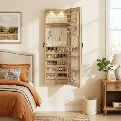 2-In-1 Wall/Door Mounted Mirrored Jewelry Cabinet, Dimmable LED Strip Lights & Classified Storage Slots