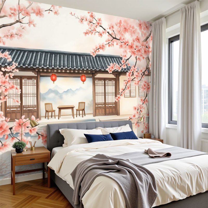 Papier peint adhésif auto-adhésif pour la chambre à coucher, cour traditionnelle chinoise L 144 po x l 100 po Peel and Stick