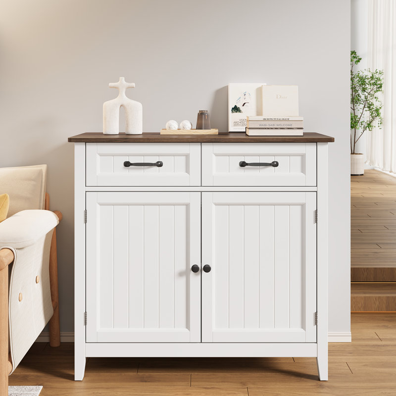 32" Modern Farmhouse Sideboard – Wood Buffet with 2 Drawers & Adjustable Shelves, Brown/White