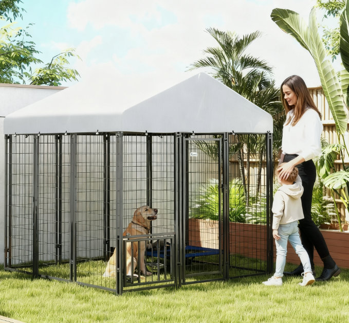 Chenil d'extérieur pour chien avec toit, avec bols réglables à 4 niveaux