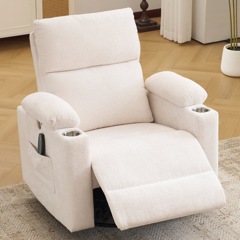 Power Swivel Recliner Chairs With Adjustable Headrest And Armrests, Featuring Massage And Heating Functions, White Chenille