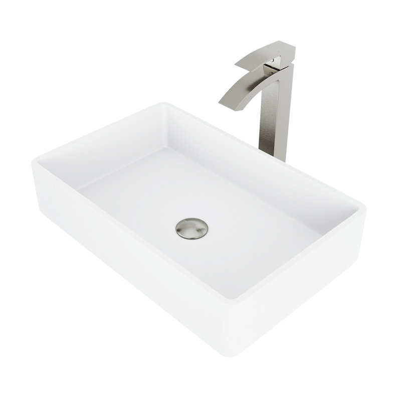 Magnolia 21" L x 14" W x 5" H Rectangular White Matte Stone Vessel Bathroom Sink with 12" H Faucet, Brushed Nickel