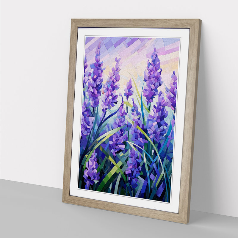 XYZ-FRM-V1223-4087 Lavender Flower Cubism - Single Picture Frame Print on Wood, 34cm H x 25cm W x 2cm D, Oak