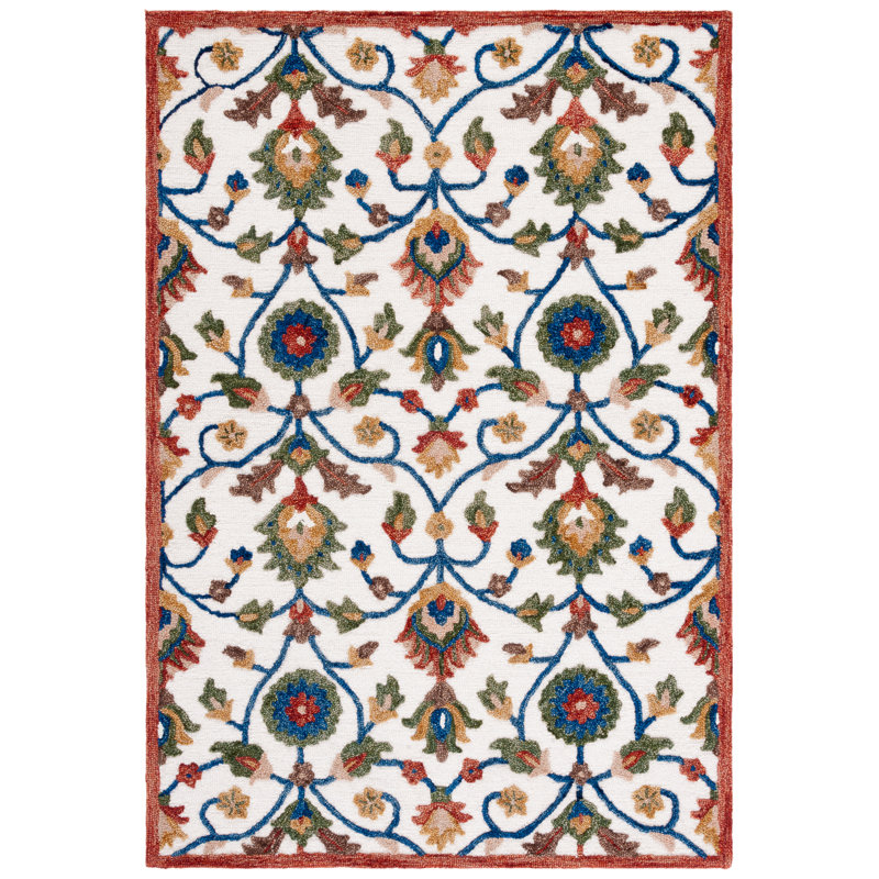 Blossom Hand Tufted Wool/Cotton Oriental Rug in Green/Ivory/Blue, Rectangle 5' x 8'