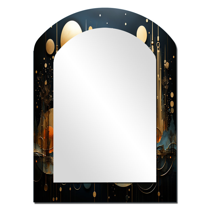 Collage Constellations I - Abstract Collages Arch Unique Mirror, Yellow Asymmetrical Large Wall Mirror, Printed Metal Art