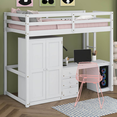 Twin Size Loft Bed With Wardrobe, Desk And Storage Drawers -  Harriet Bee, D4E12F248B604DD998D151D69BD31236