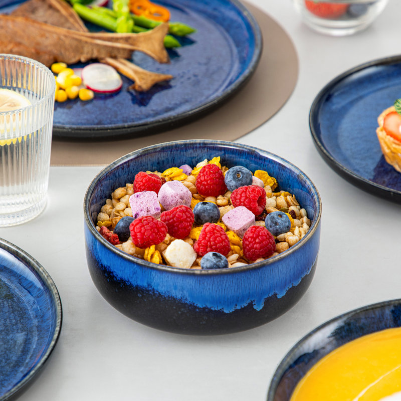 24 Pieces Dinnerware Set, Blue Set, Dinner Plate, Dessert Plate, Soup Bowl And Bowl Set For 6 Person, Stoneware Dinnerware, Round Bowl, Reactived Glazed