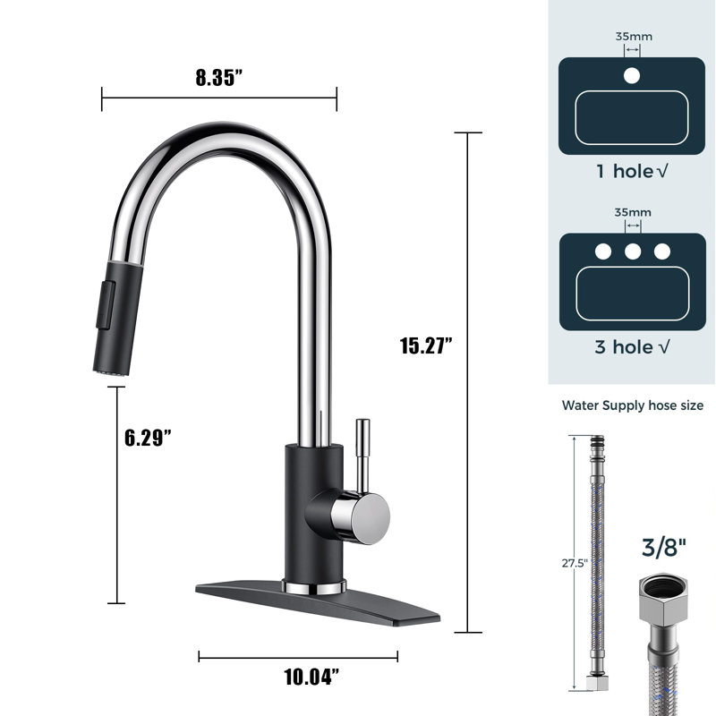 Stainless Steel Kitchen Faucet With Pull-Down Sprayer, High Arc Modern Classic Faucet With Deck, Suitable For 1 Or 3 Holes