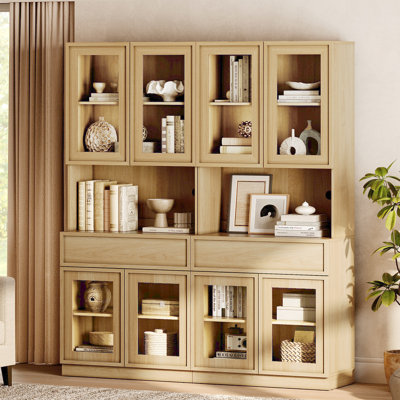 Modern 72" Tall Bookshelf with Glass Doors, Drawers & Adjustable Shelves, Closed Storage Cabinet and Glass Display Shelves, Wooden Bookcase for Home Office Living Room