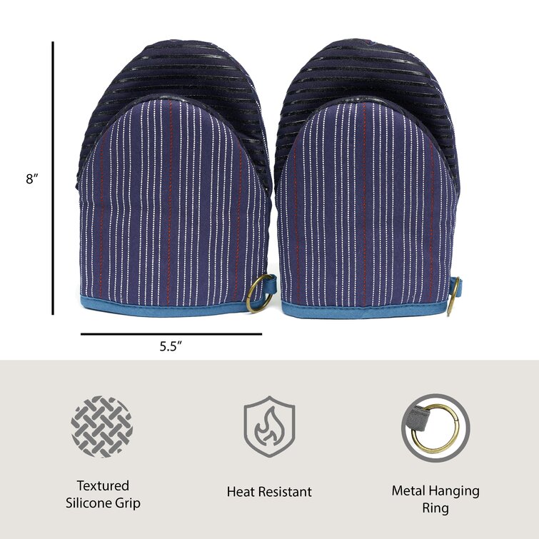 Nautica Grey Striped 100% Cotton Oven Mitts with Silicone Grip (Set of 2)