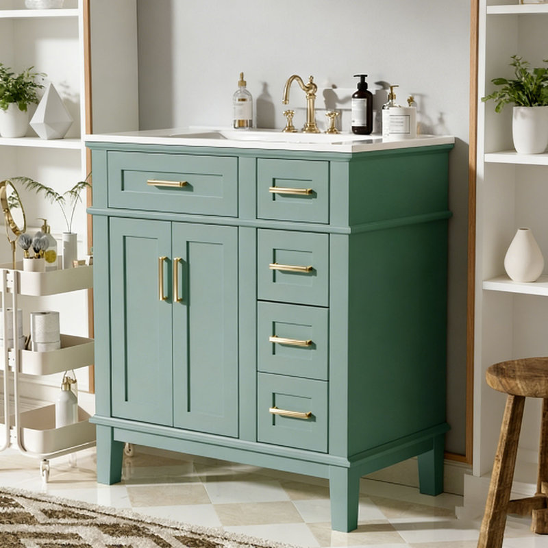 Meuble-lavabo moderne avec lavabo en céramique, 30 po + vert clair