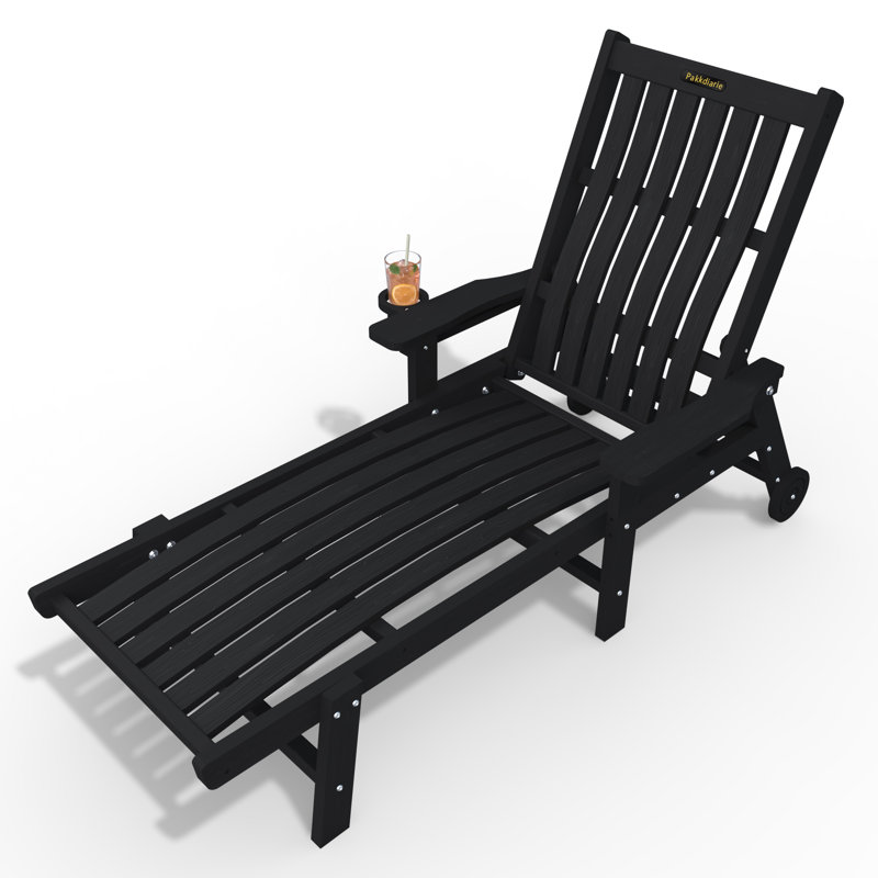 Outdoor HDPE Adjustable Reclining Chaise Lounge Chair With Wheels & Cup Holder in Black, Black