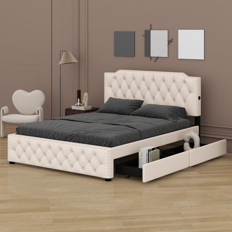Lit plateforme tapissier avec tiroirs et 2 ensembles de ports USB de chaque côté, Beige