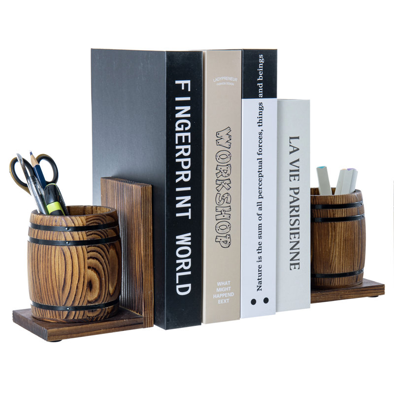Serre-livres décoratifs tonneaux en bois avec porte-stylo
