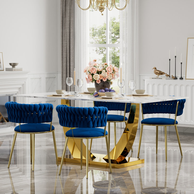 Ensemble de salle à manger à piédestal rectangulaire avec chaise de salle à manger en velours Modern Weaven, Table, 4 chaises