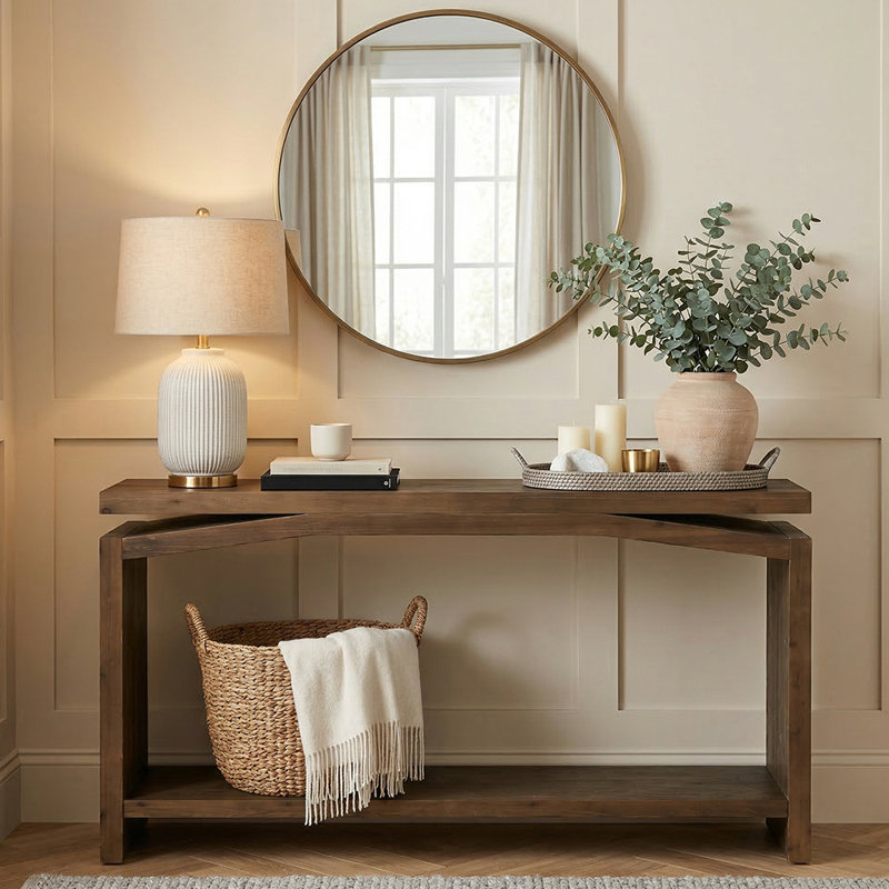Console en bois massif de 63 po avec tablettes ouvertes