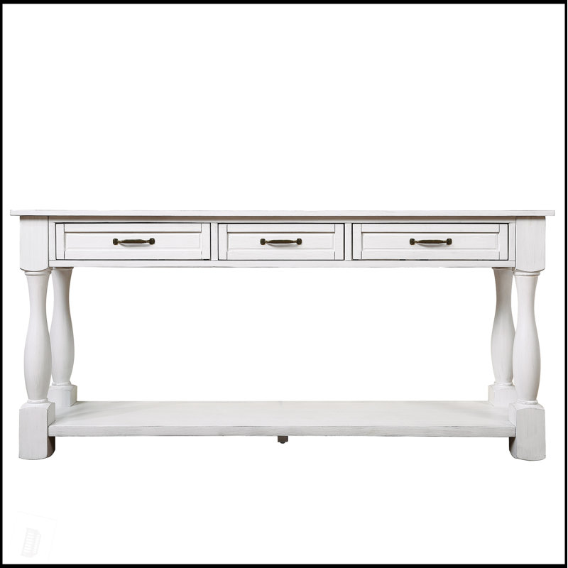 Console en bois de 63 po de long avec 3 tiroirs et 1 tablette inférieure pour le couloir d'entrée, Blanc antique